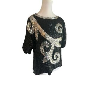 Vintage 1980s Silver Black Silk Sequined  Formal Blouse Small